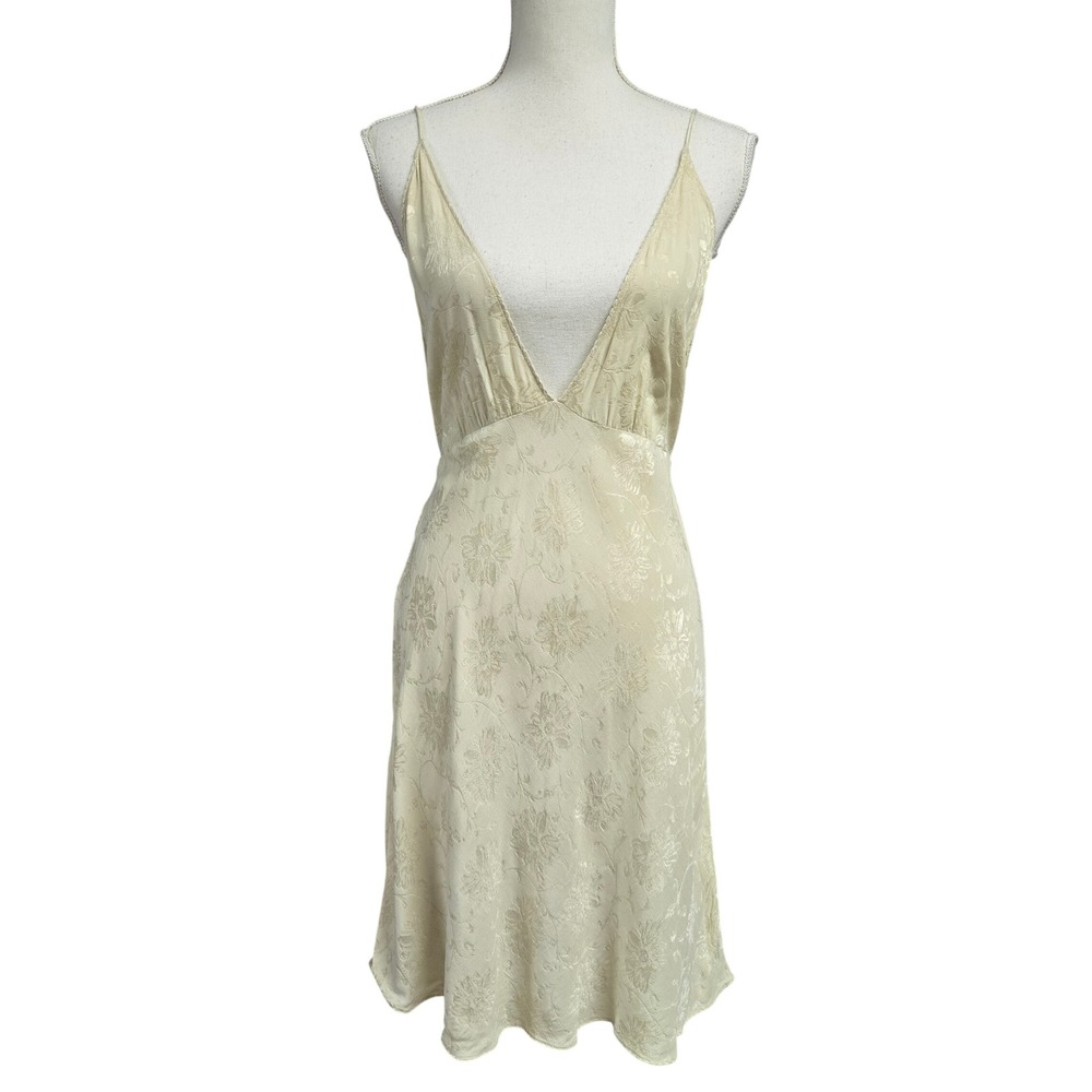 Wilfred Aritzia Floral Jacquard Slip Dress Champagne Gold V-Neck Open Back Sz L